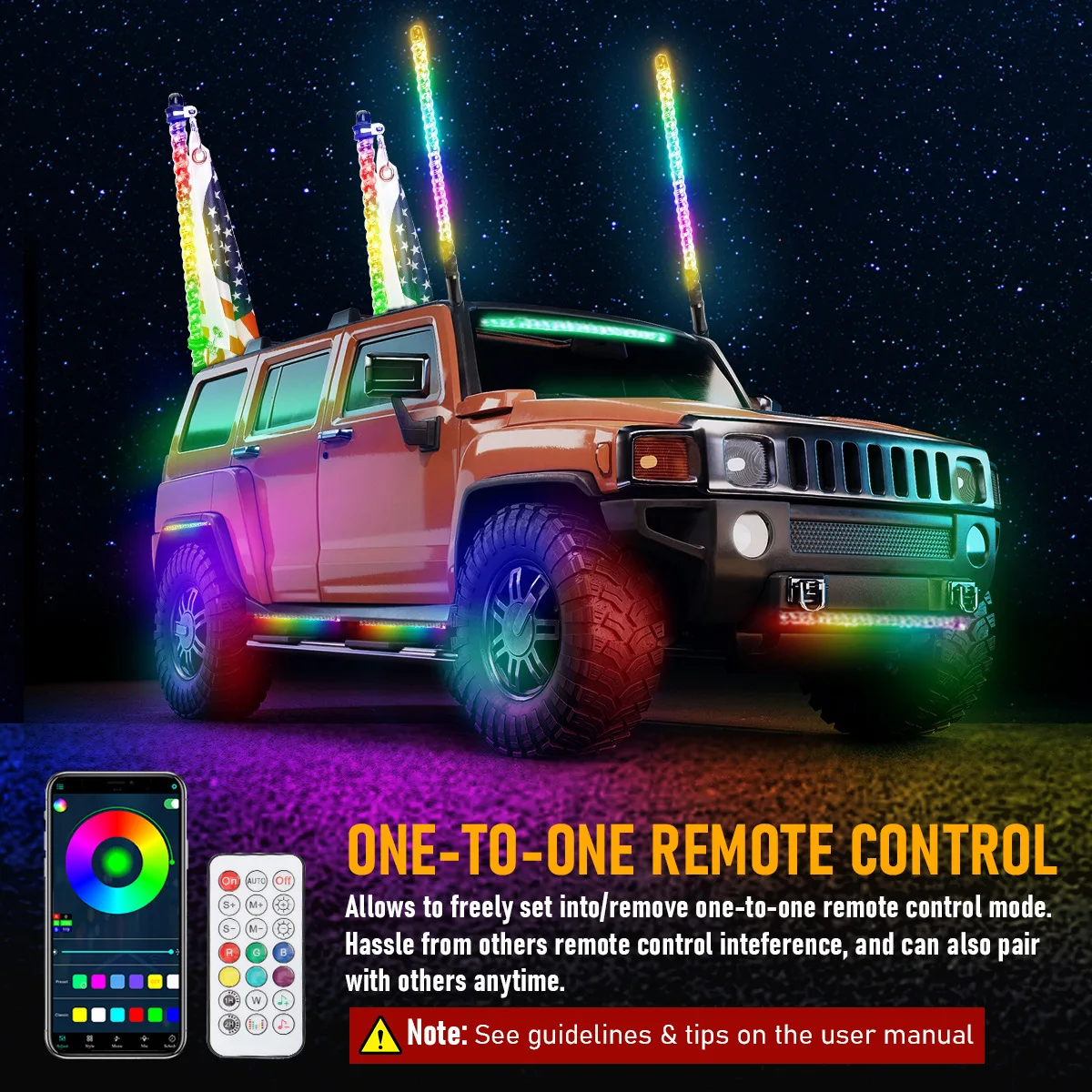 LED Whip Flag Pole Light for ATV UTV SUV, 5W 12V RGB Spiral Chasing Light, App and Remote Control Warning Antenna Lamp