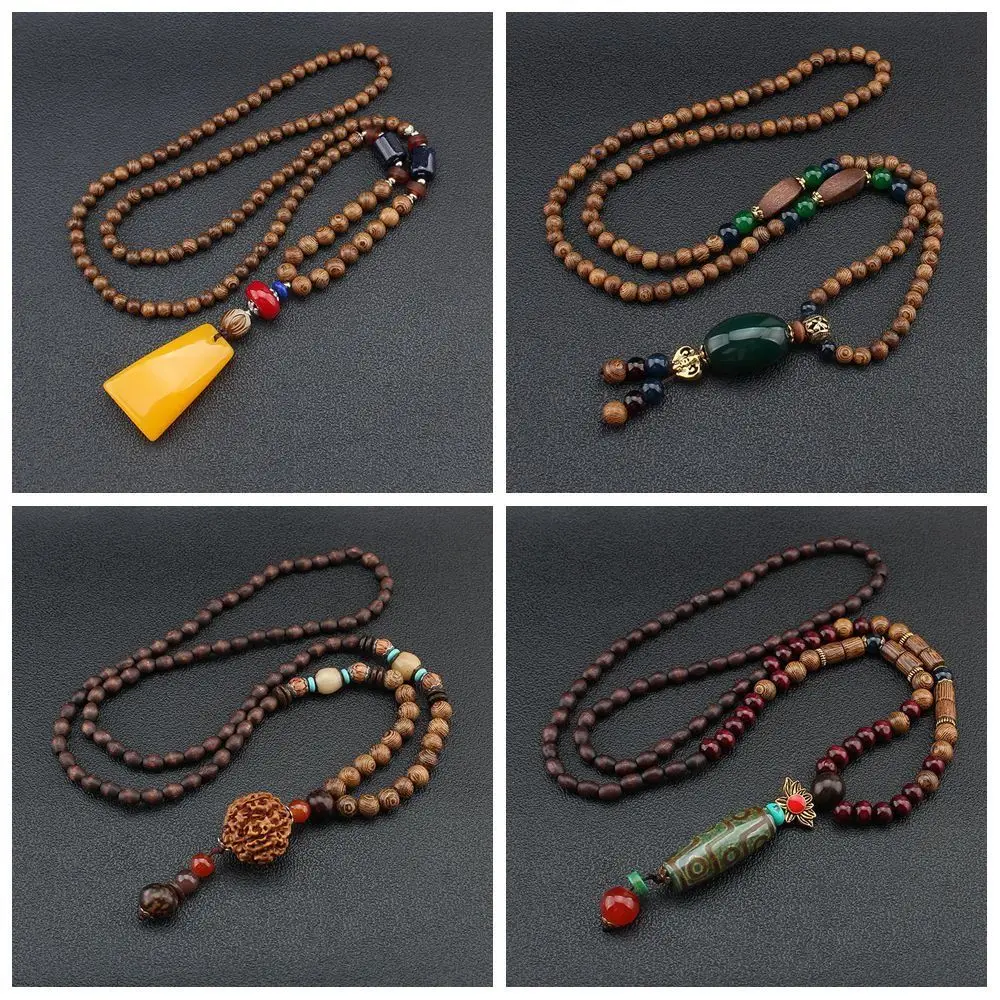 

Boho Handmade Party Lucky Gift Buddhist Horn Fish Pendant Nepal Necklace Mala Wood Bead