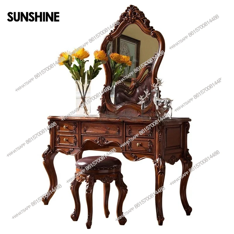 

European bedroom solid wood retro dressing table American carved small apartment dressing table
