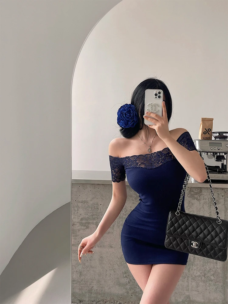 

Young Girl Day Pure Desire Sexy One oulder Lace Splicing Bodycon ort Dr Women's Faion Spring Summer Dr