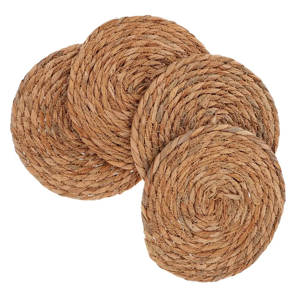 

4 Pcs Coasters Handwoven Round Khaki Heat Insulation Coffee Table Coasters Antislip Kitchen Mat Wicker Bowl Mats