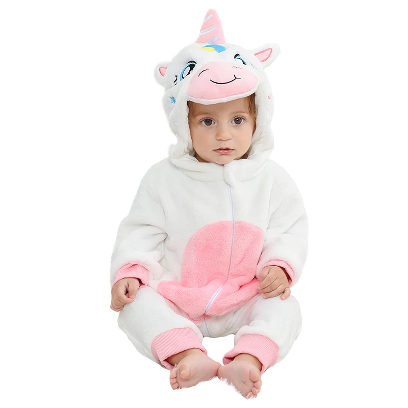 MICHLEY White Unicorn Baby Rompers Winter Clothes Costume Flannel Hooded Bodysuits Pajamas Halloween Animals Overall Jumpsuit