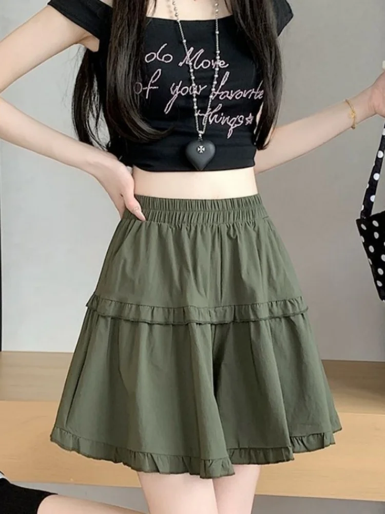 Khaki Color Wooden  Ice Silk Wide Leg Short Pants Skirt Women plus Size Elastic High Waist A-Line  Skirt Pants