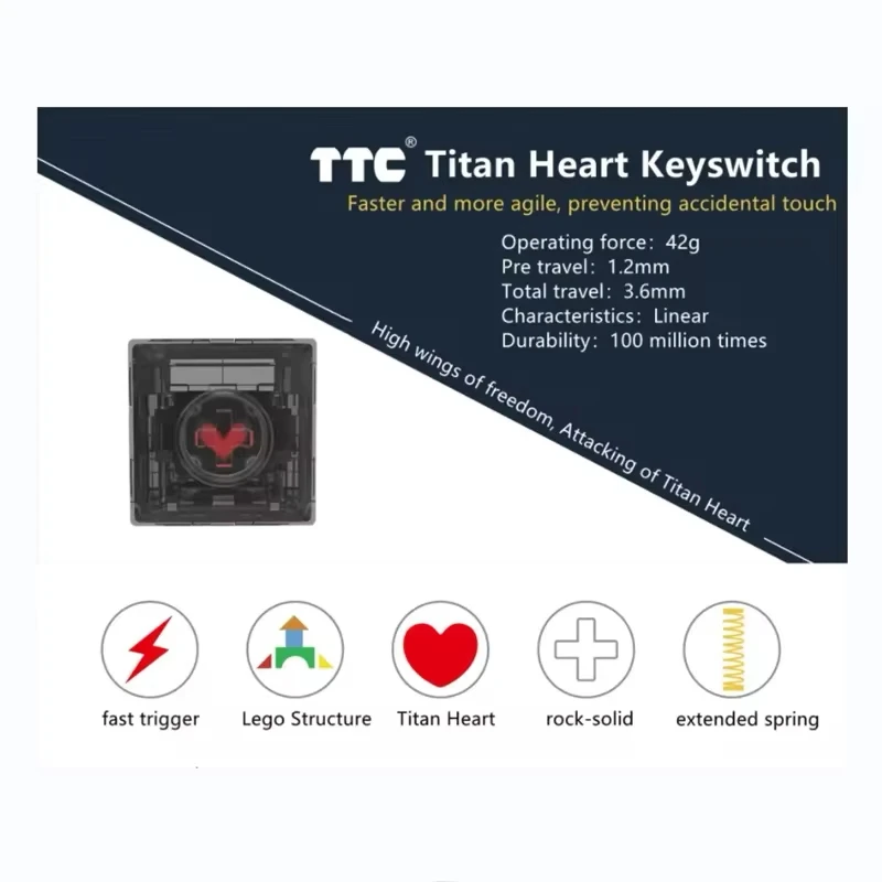 TTC Titan Heart Keyswitch Linear Custom Mechanical Keyboard Love Black Transparent 42g 5 Pins Lubed Long Gild Spring Switch - Image 3