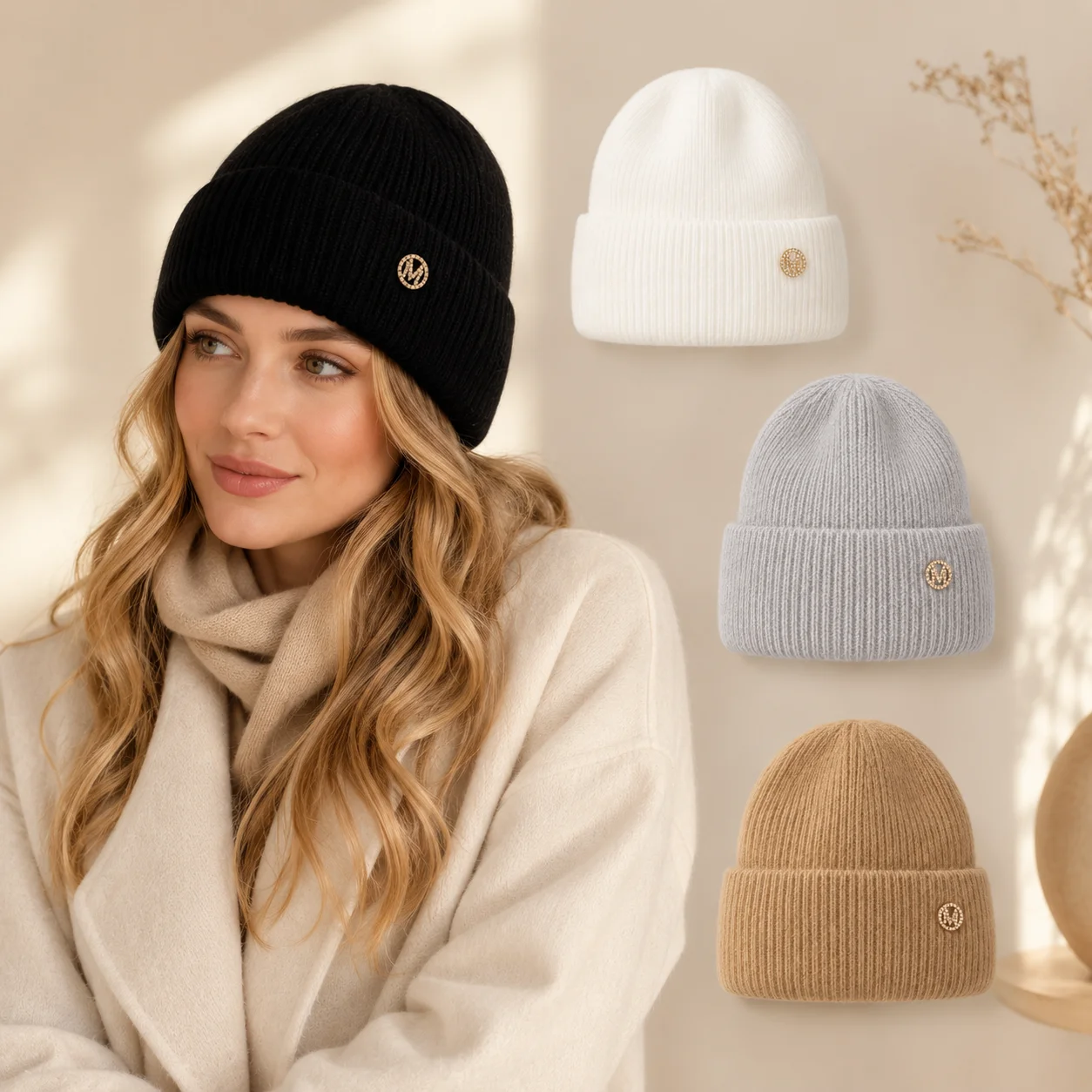 Casual Winter Knitted No‑brim Beanie Solid‑color Woolen Yarn Hat, M‑Logo Badge Warm Wind‑resistant Daily‑use Head‑wear Cap