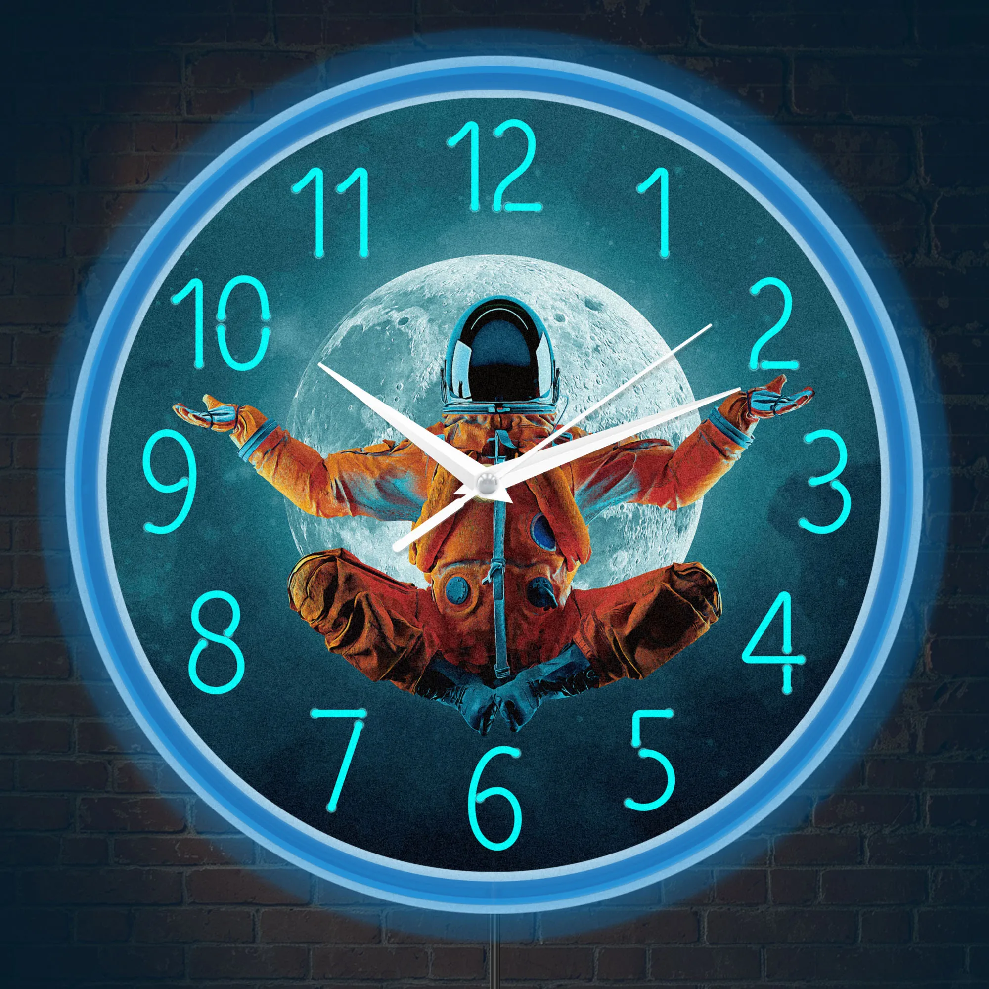 Yoga Astronaut Full Moon LED Neon Light Wall Clock for Man Cave Game Room Cosmos Home Decor Illuminated Wall Clock Glow in Dark