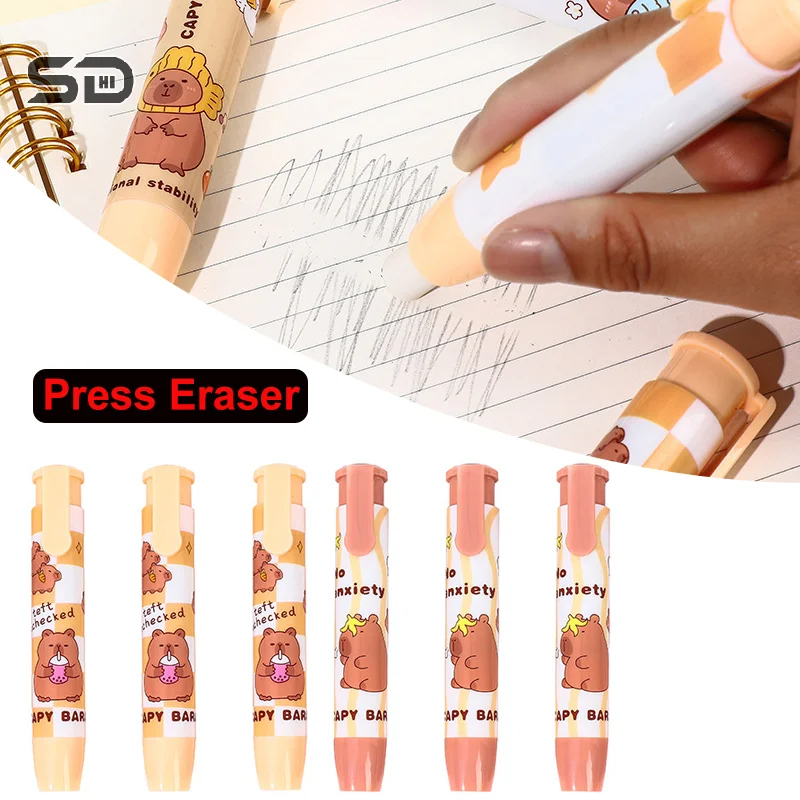 Creative Cute Capybara Press On Eraser Cartoon Kawaii Retractable Rubber Pencil Erasers For Kids Student Writing Drawing Tool