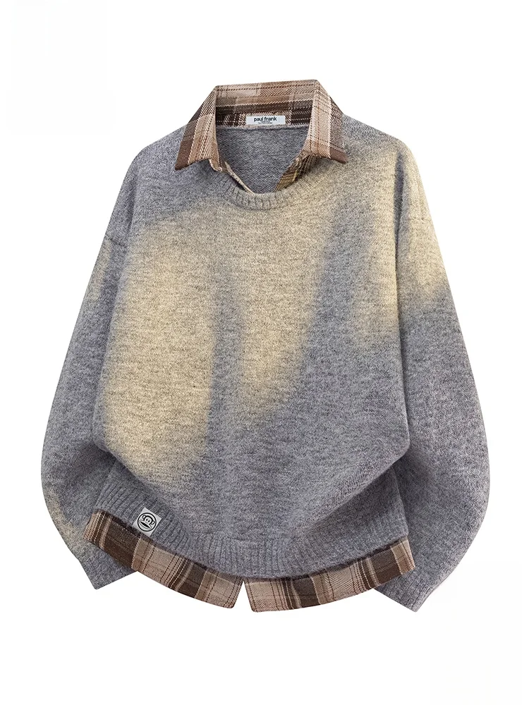 

PaulFrank Large Mouth Monkey Plaid American Splicing Sweater Men's Loose Casual Knitted irt Autumn Season Polyester Blend