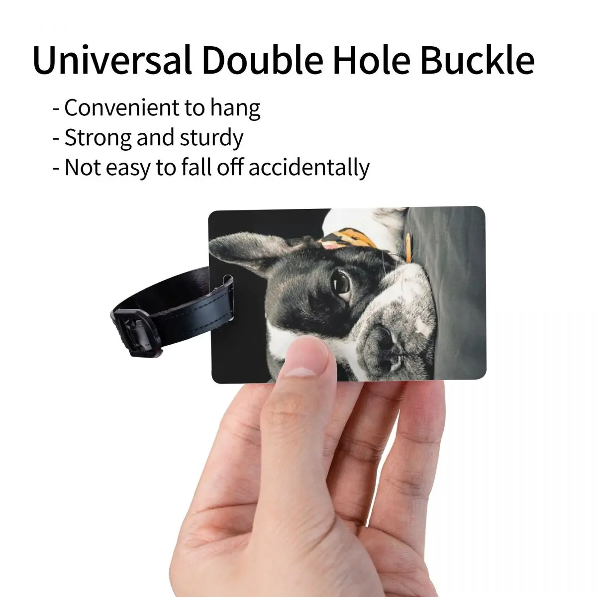 Czarne zawieszki na bagaż z motywem bostoniela, akcesoria do walizek, etykiety na bagaż podróżny, identyfikatory do bagażu, uchwyt na etykiety z imieniem, nazwiskiem i adresem.