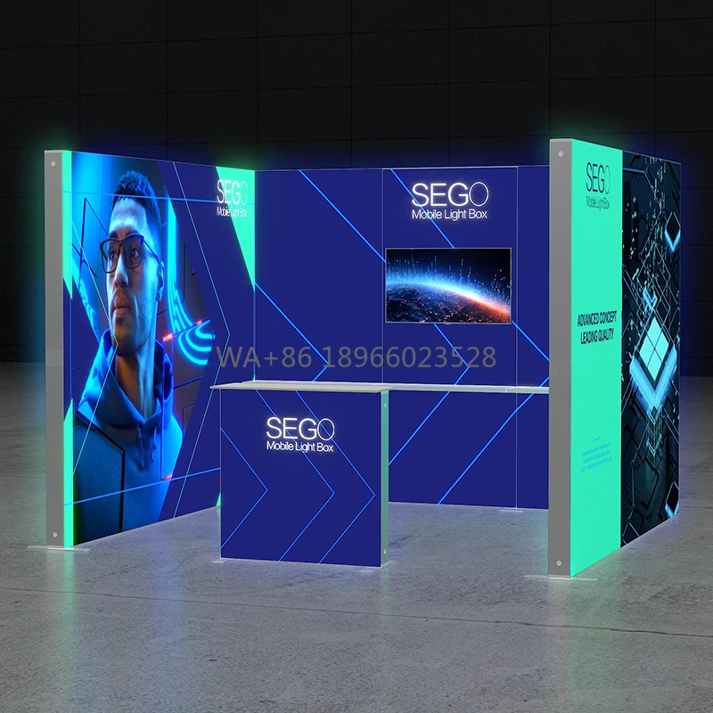 Modular U Shape Trade Show Booth Backlit Design 10x10ft SEGO Lightbox with Shelves for Exhibtiion