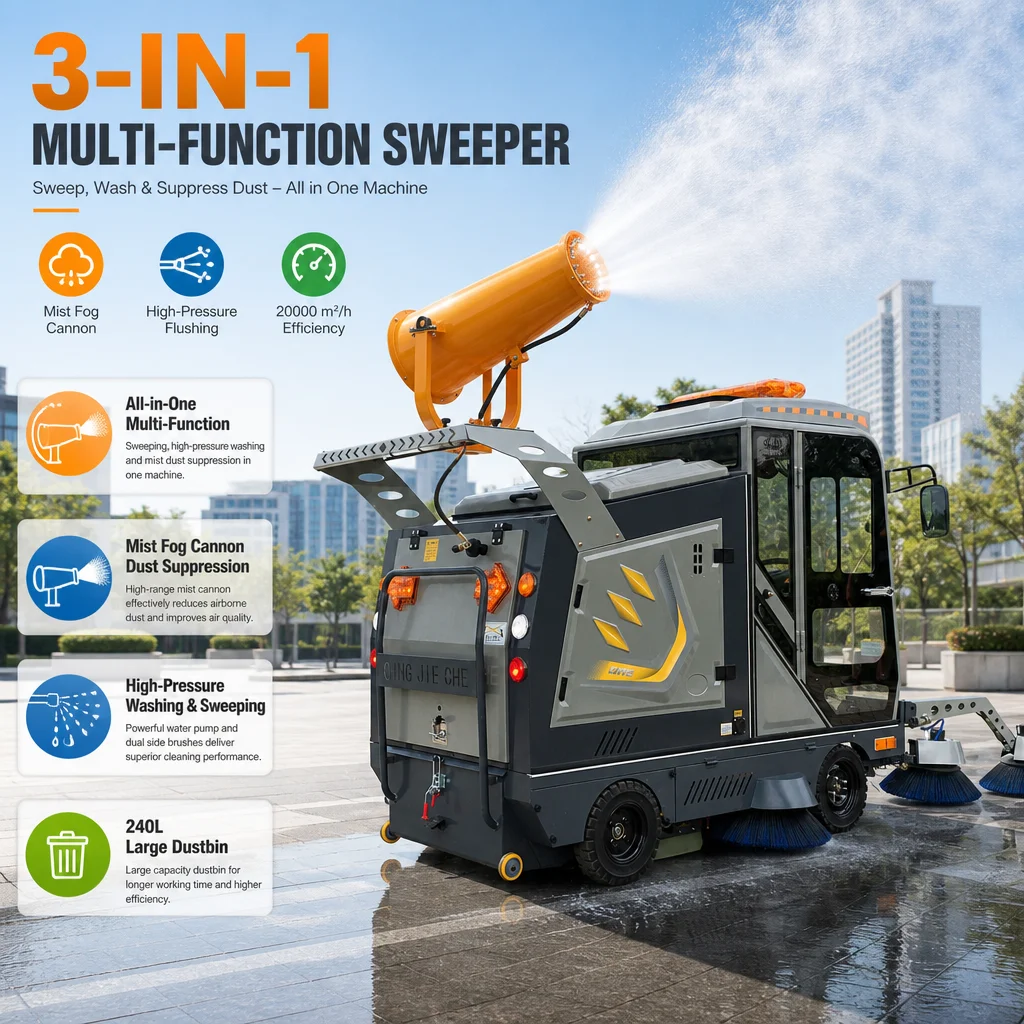 48V Electric Road Sweeper Truck 7-Brush Ride-On Street Cleaner with High Pressure Water Spray Gun and Dust Suppression Mist