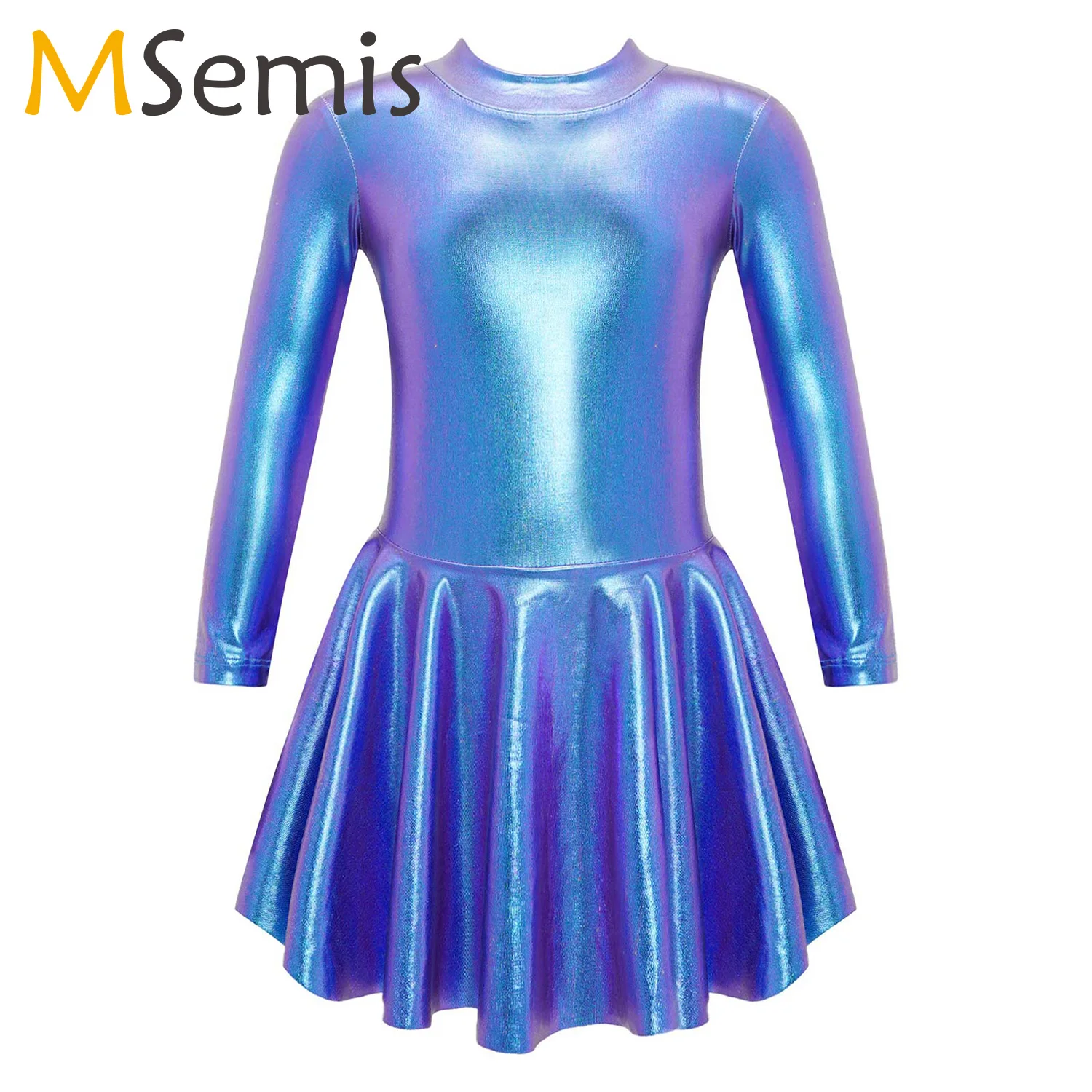 Kids Girls Metallic Figure Ice Skating Dress Shiny Gymnastics Leotard Ballet Modern Dance Dress Ballerina Performance Costume