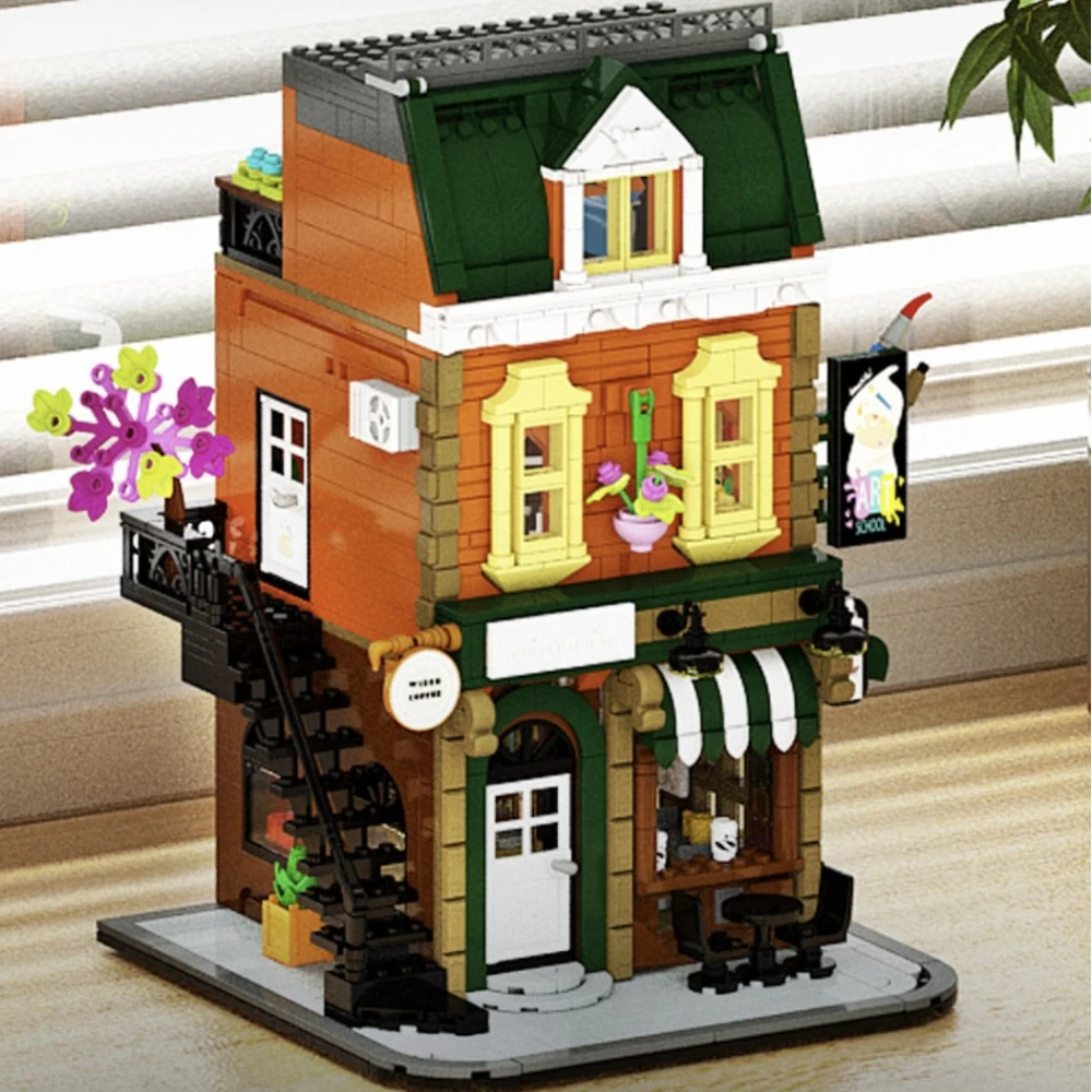 MOC コーナーカフェショップビルディングブロックセット現代のプライベートコーヒーハウスストア建築おもちゃ子供のための誕生日ホリデーギフト