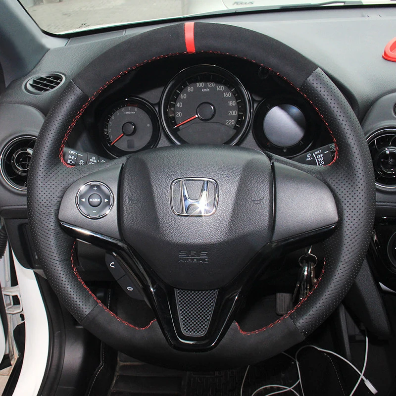 DIY Hand Sewn Needle Thread Car Steering Wheel Cover for Honda Fit Jazz 2014 Interior Car Accessories Suede Leather Non-slip