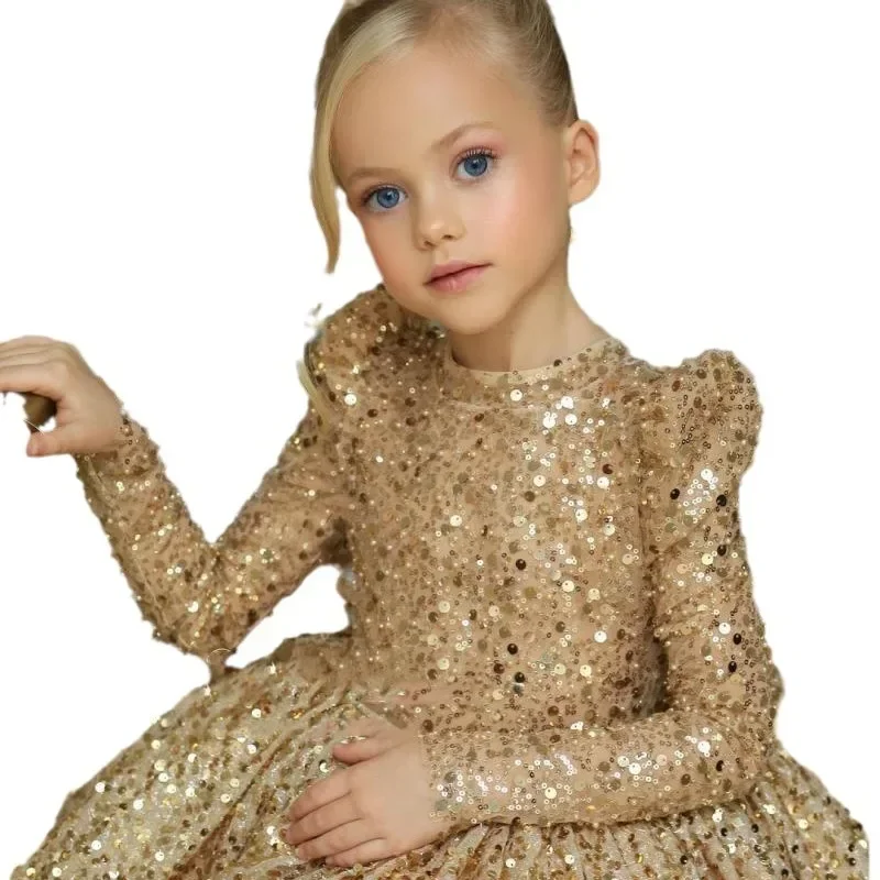 June 1 Children\'s Golden Dress Princess Dress Girl Baby\'s First Birthday Banquet Girls Piano Walk Show Costume