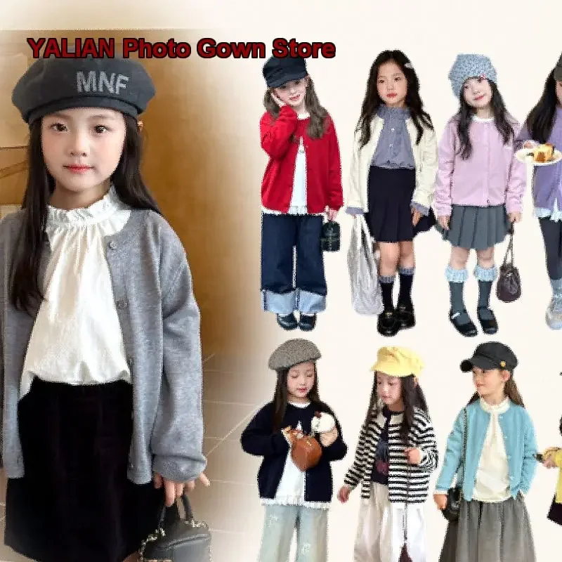 Girls Letter Print Knit Single-Breasted Jacket Solid Color Autumn 2025 Kids