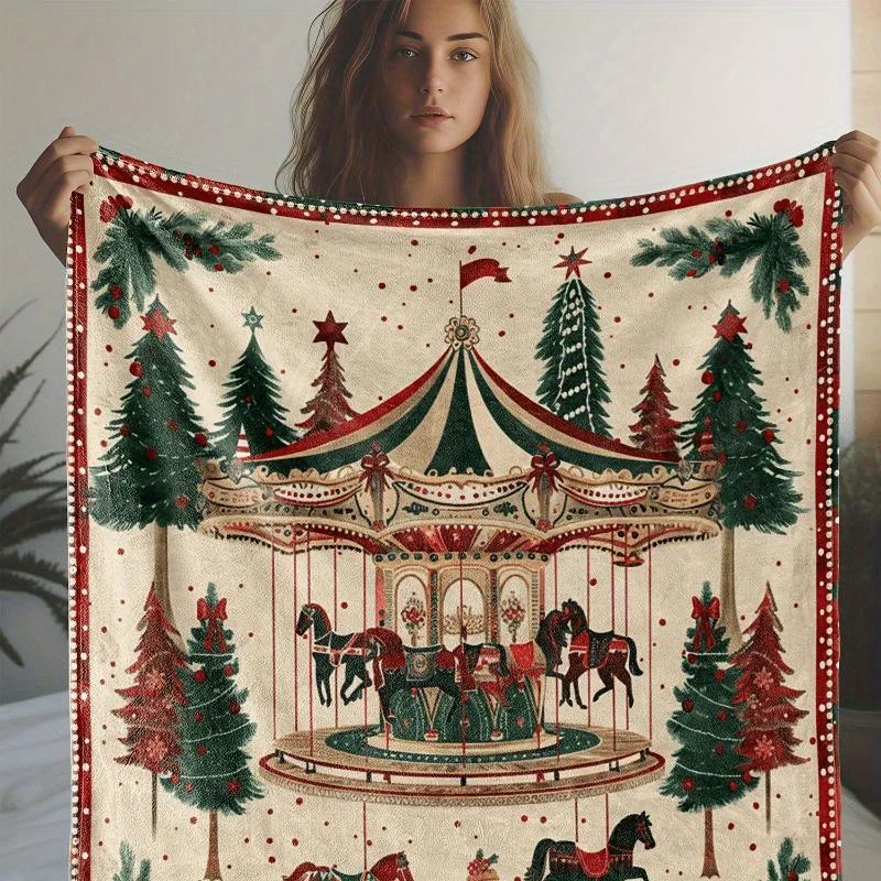 

Vintage Christmas Amusement Park Blanket - Cozy Throw with Cedar & Carousel Print Perfect for Office and Travel All-Season Gift