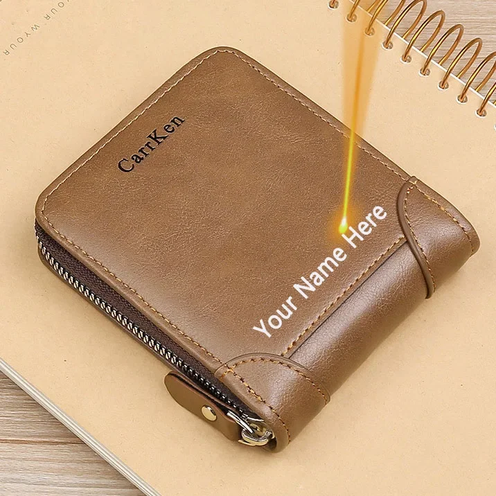 Personalized Father's Day Gift Men High Quality PU Leather Wallet with Zipper Small Short Custom Engrave Name Money Purse Him