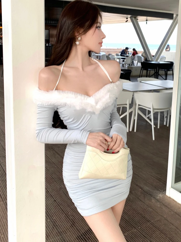 Vrouwen blauw gebreide chique faux kraag sexy jurk herfst winter elegante hals gemonteerde mini-jurk 2025, Koreaanse bodycon verjaardagsjurk