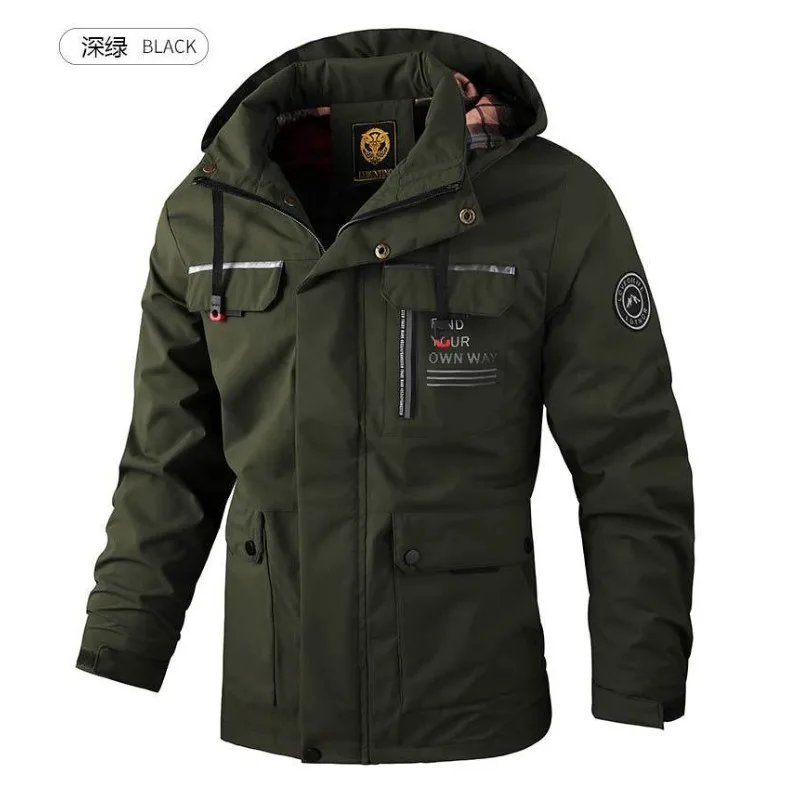 2025 High Quality Autumn Winter Men Casual Jackets Windproof Hooded Warm Coat Outdoor Sport Multi-pocket Thicken Hiking Jacket