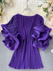 Camisa de chifón plisada para mujer, blusa holgada de Manga mariposa, color liso, diseño Ins, ML876
