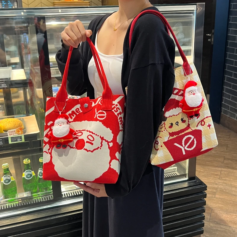 Christmas Knitted Tote Bag with Snowman Pattern, Multifunctional Large-Capacity Handbag, Suitable for Gifting to Family, Friends, and Classmates, Eco-Friendly Gift Bag, Fashionable Bag for Vacation Shopping, Daily Casu