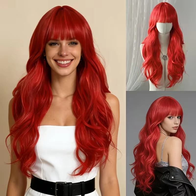 Red synthetic wig with big waves for Halloween cosplay, character role-play, everyday party, high-temperature hair accessory.