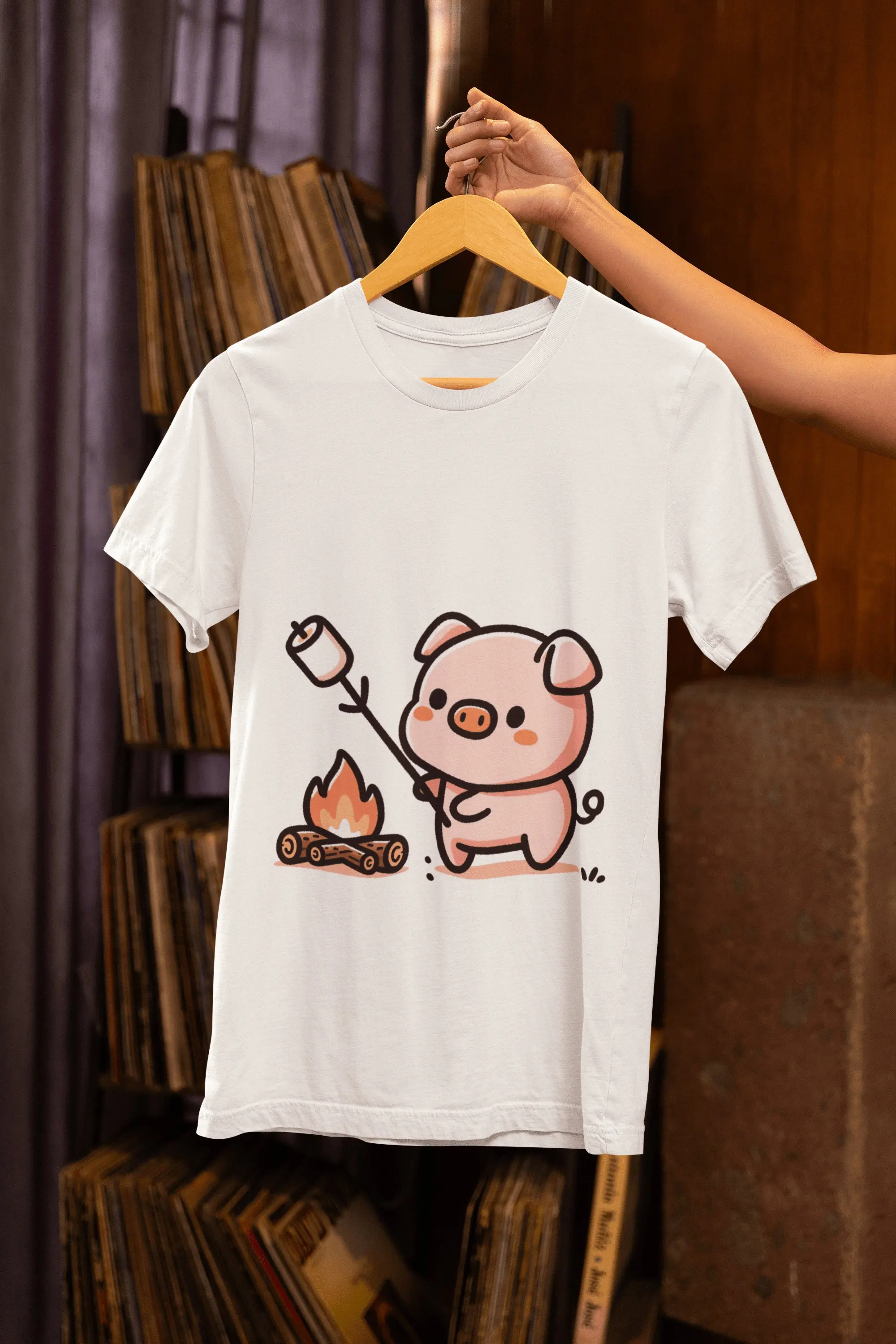 Adorable Piggy Campfire Marshmallow Roast T Shirt Cotton Top for Outdoor Fun Picnic BBQ Animal Lovers Cozy Fireside Nights