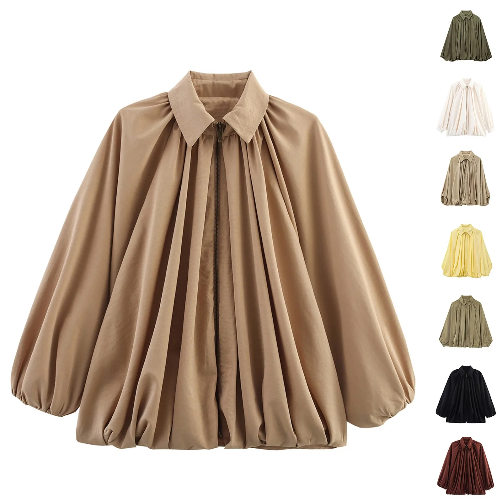 

Women's Solid Color Pleated Casual Bat Sleeve Flip Collar Zipper Shirt Fashion Commuted Versatile Loose Coat