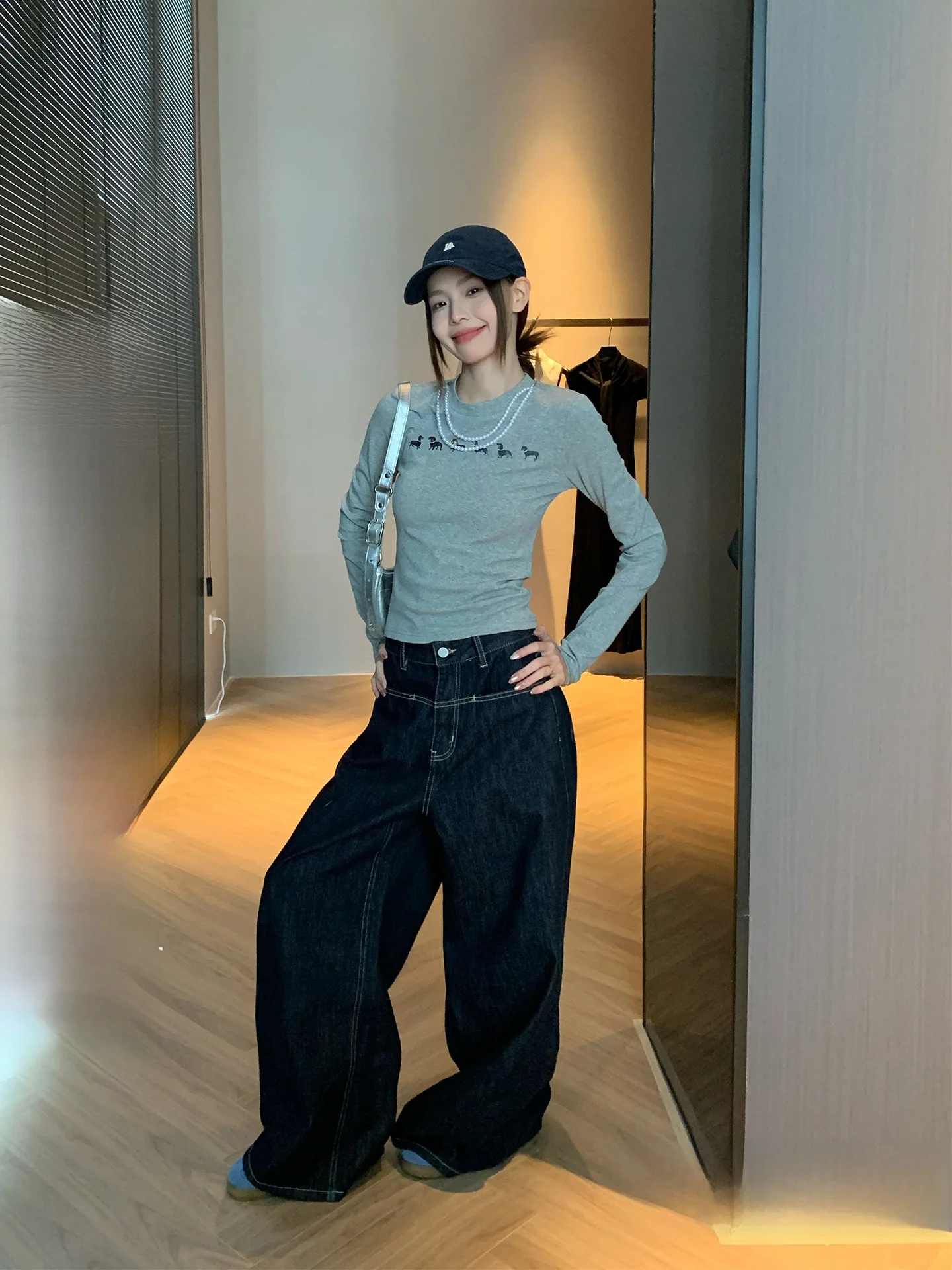 

Темно-синие прямые джинсовые джинсы с высокой талией, женские осенние свободные широкие брюки с декоративной линией в американском стиле ретро