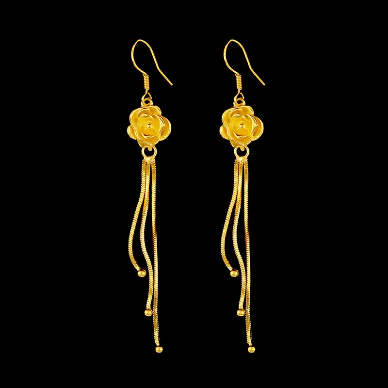 9999 real gold 24K yellow gold Fashion Flower Earrings Rose Flower Ear Hook