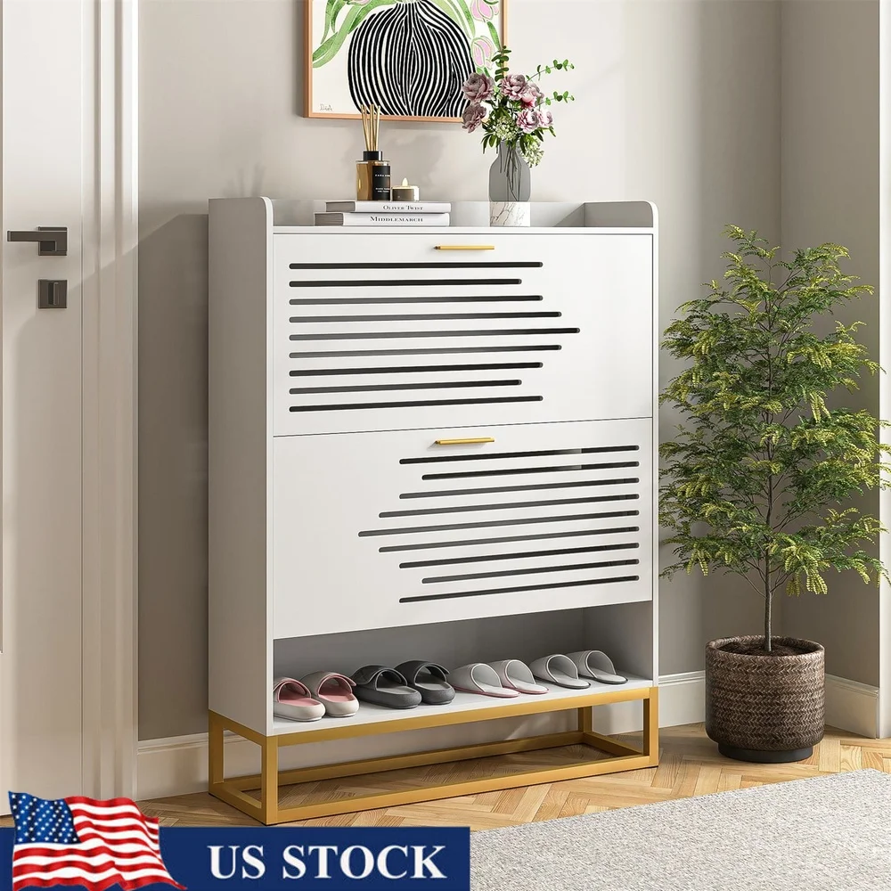 

Modern Shoe Storage Cabinet Organizer with 2 Flip Drawers Freestanding Rack 16 Pairs Shoes Multifunctional Space Saving Design