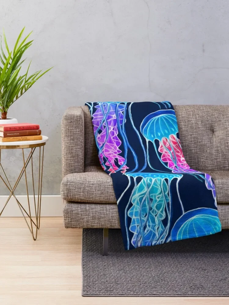 Luminescent Rainbow Jellyfish on Navy Blue Throw Blanket warm for winter Sofas Sofa Blankets