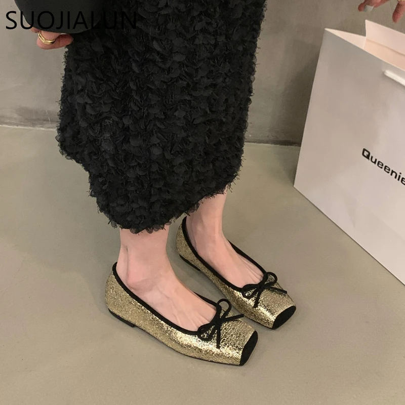 Suojialun 2023 Herbst Frauen flache Schuhe Mode runde Zehen flachen Slip auf flachen Balletts chuhen Mode Gold weiche lässige Ballerinas s