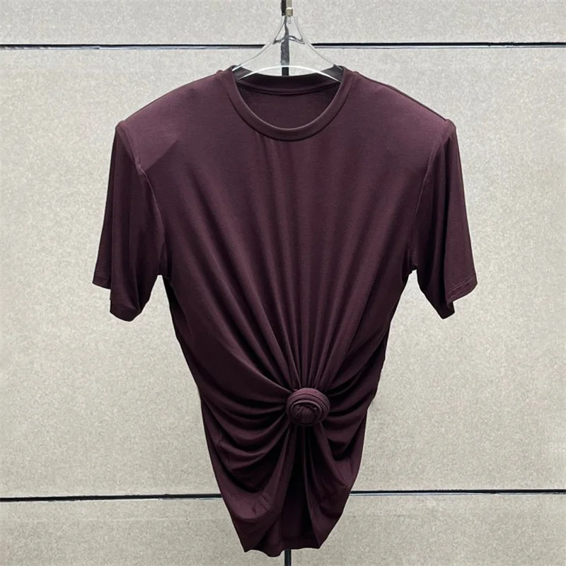 women's t-shirt New elastic knitted slim fit short sleeved top for summer 2026 button flower round neck pullover crop top tops