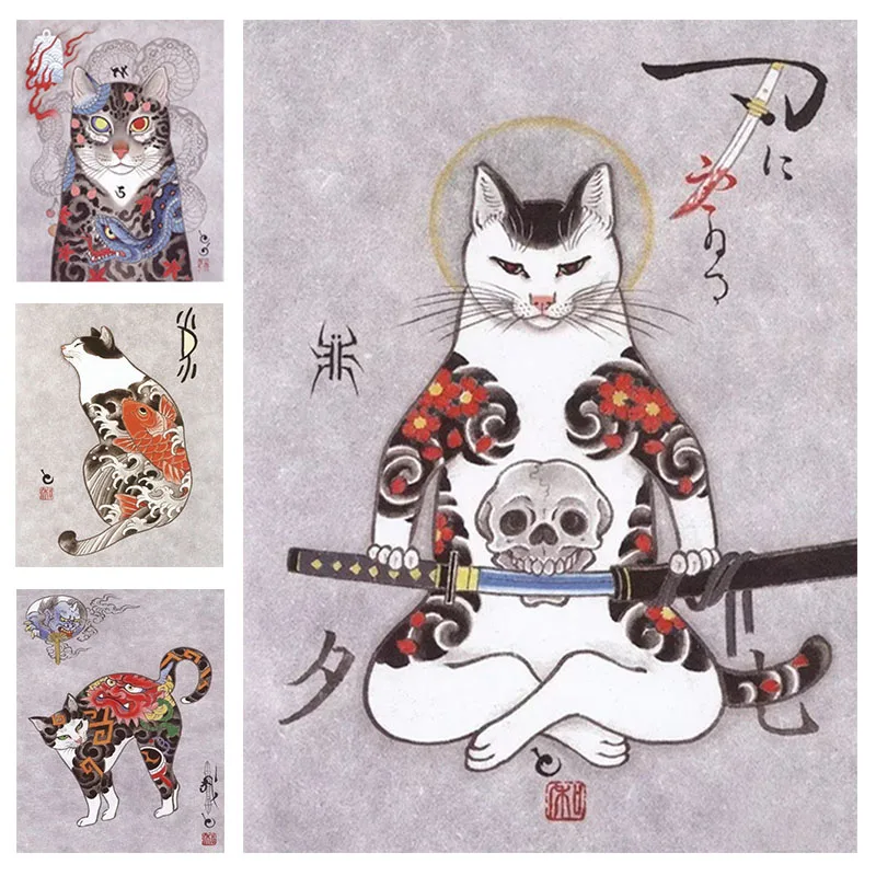 32PCS Samurai Cat Ukiyo-e Tattoo Anime Wall Poster Kraft Paper Stickers Painting Japanese Restaurant Izakaya Bar Room Decor