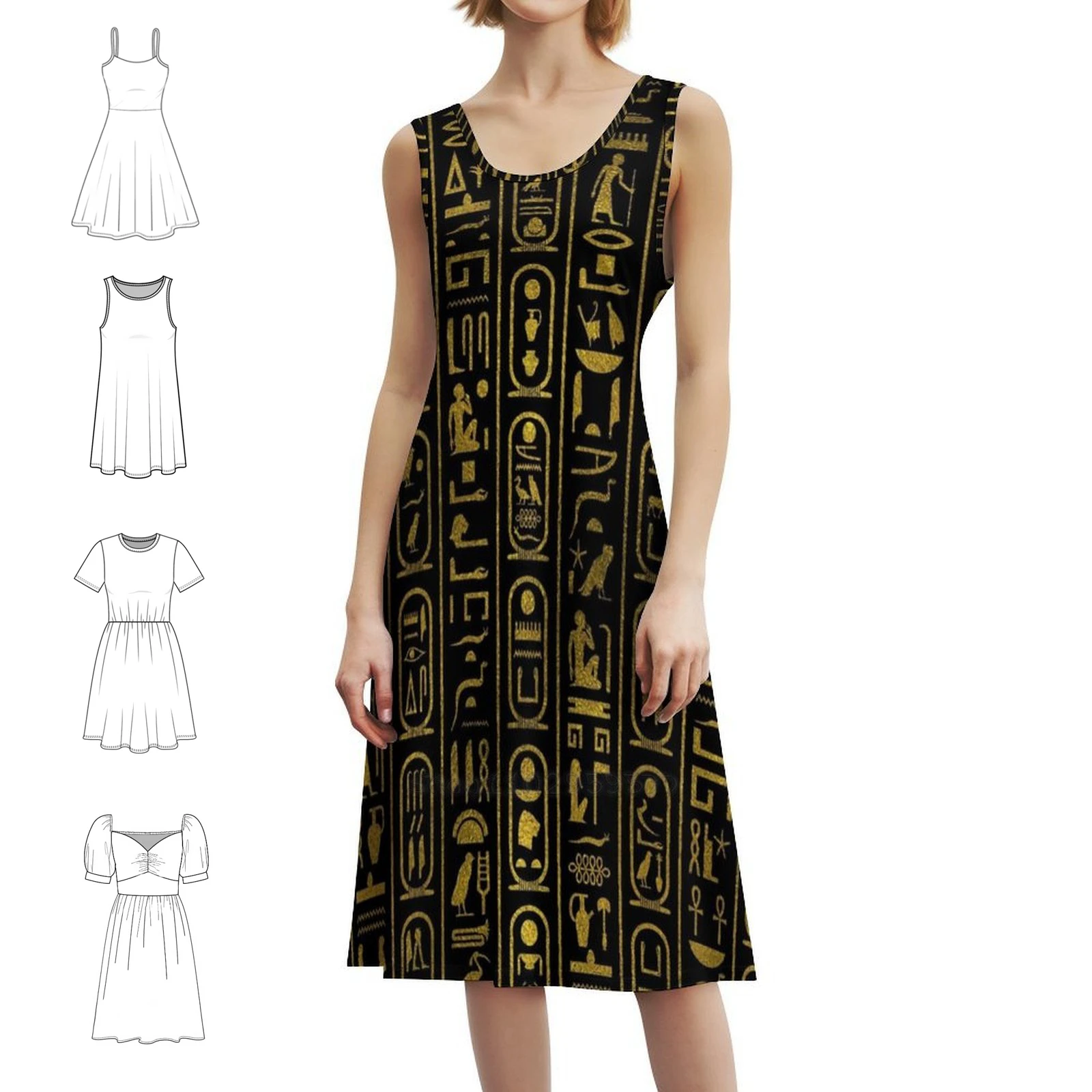 

Египетские древние золотые иероглифы на черном платье с цветочным принтом для женщин, весенне-летнее повседневное платье для вечеринки, Египет, египетский