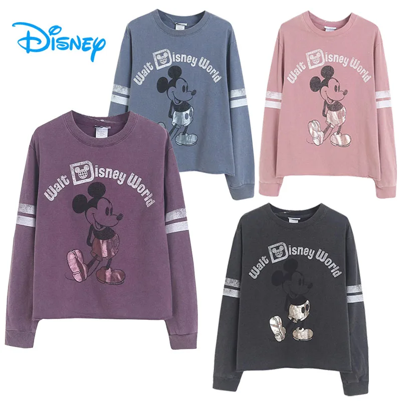 

Disney World Retro Distressed Sweatshirt Women Disneyland Mickey Mouse Casual Pullover Tops O Neck Long Sleeve Jumper Streetwear