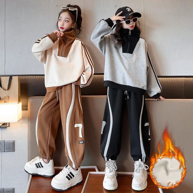 

Korean Autumn Winter Junior Girl Thicken Tracksuit Teenager Girl Contrast Half Zip Sweatshirt+Sport Pants Set For Girl 4-12Yrs