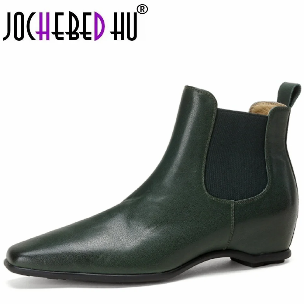 【JOCHEBED HU】Women Handmade Genuine Leather Soft and Comfortable Ankle Chimney Booties Chunky Heels Square Toe Shoes