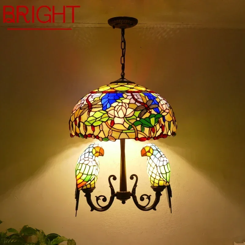 

BRIGHT Tiffany Parrot Chandelier Vintage Creative Color Glass Living Room restaurant Bedroom Hotel Corridor Pendant Lamp