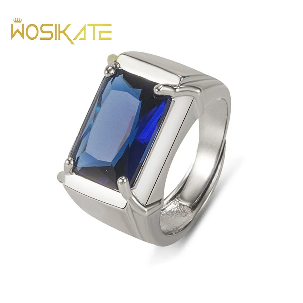 WOSIKATE Trendy Square Emerald Open Ring For Men Fashion Jewellery Vintage Sapphire Men's Ring Anniversary Gifts Adjustable