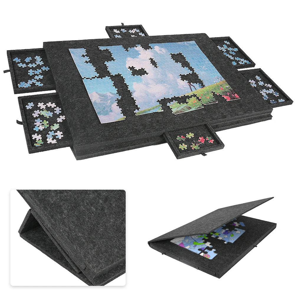 2-in-1 Kippbare Filzpuzzle-Plattform mit 6 Sortierschubladen, 1000-teiliges Puzzlebrett, leicht, rutschfest und tragbar, 2-in-1 Ständer und Aufbewahrung