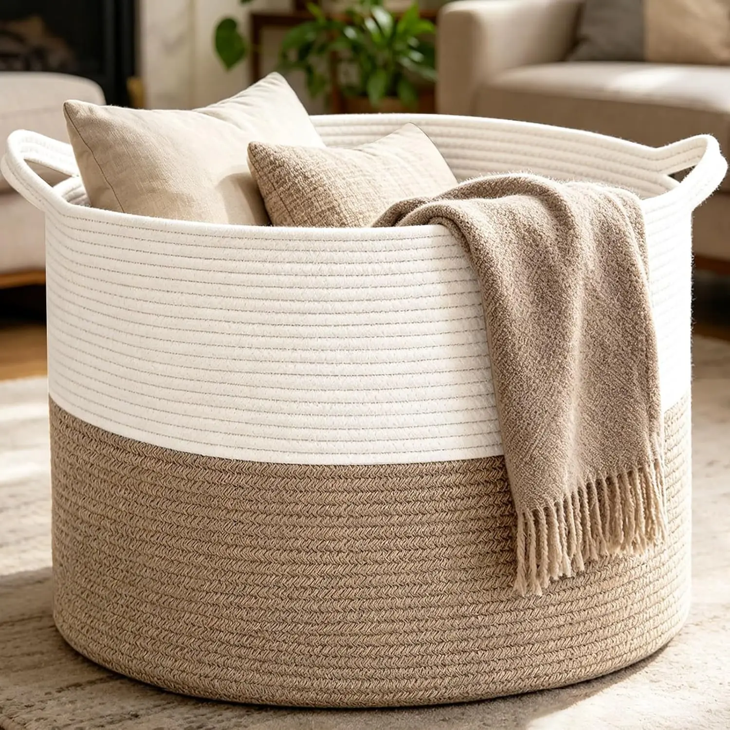 New Large Cotton Rope Basket, 83L Big Woven Storage, Blanket Organizers and Storage, Nursery Laundry Basket, Extra Large Toy Bin