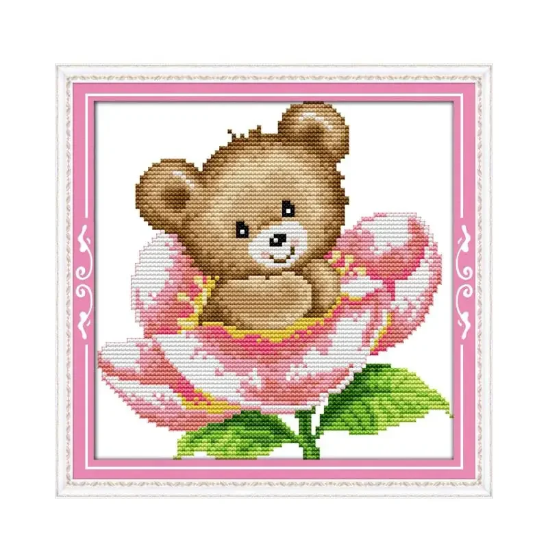 The little bear in flower cross stitch kit aida 14ct 11ct count printed canvas stitches embroidery DIY handmade needlework