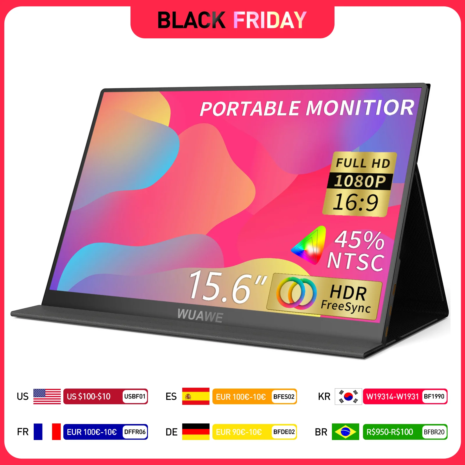 WUAWE Gifts 15.6 inch Portable Monitor,WUAWE  1080P 72 NTSC 100 sRGB USB C HDMI Travel External Second Computer Screen with HDR