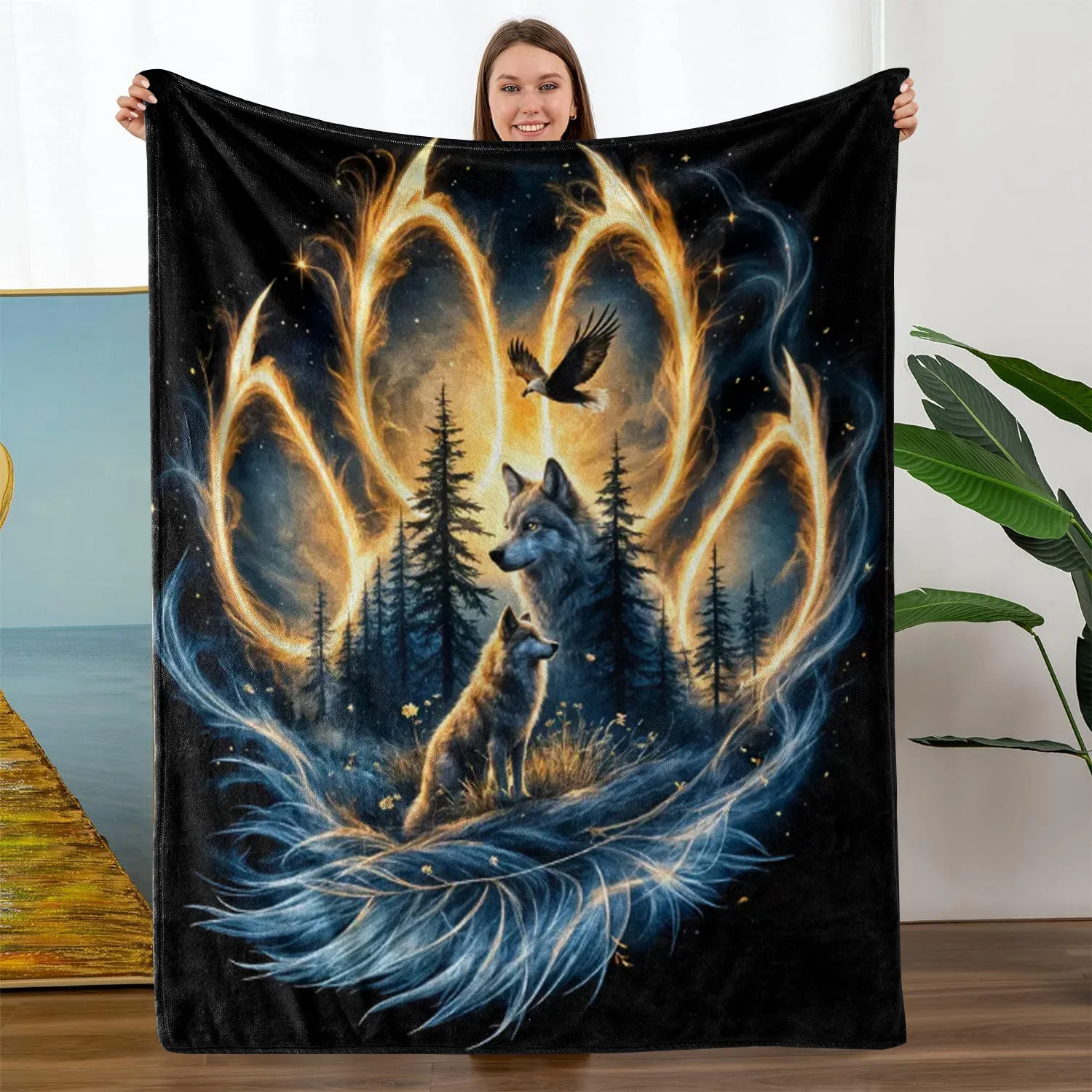 Magical Glowing Wolf Paw Forest Eagle Print Flannel Blanket Soft Lightweight Throw Blanket for Sofa Bed Bedroom Fantasy Wildlife