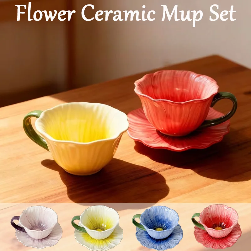 

3D Flower Ceramic Coffee Cup & Saucer Set - Underglaze Color Latte Mug for Afternoon Tea & Holiday Gift Tea Cup Set Coffee Cups