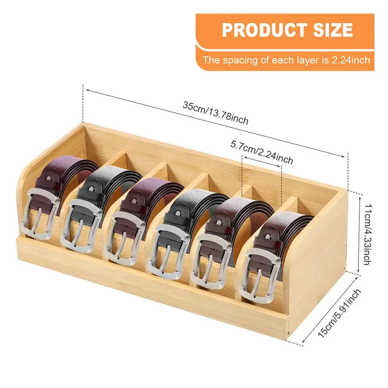 PORK-Бамбуковый 6-сетчатый органайзер для ремня, коробка для хранения часов, аксессуары для гардероба, коробка для хранения галстуков