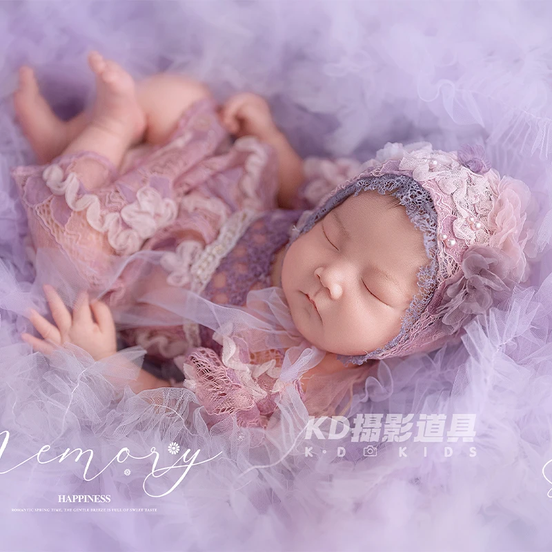 Luxury Purple Lace Princess Dress Newborn Photography Outfit Dreamy Style Infants Photoshoot Costumes with Matching Floral Hat